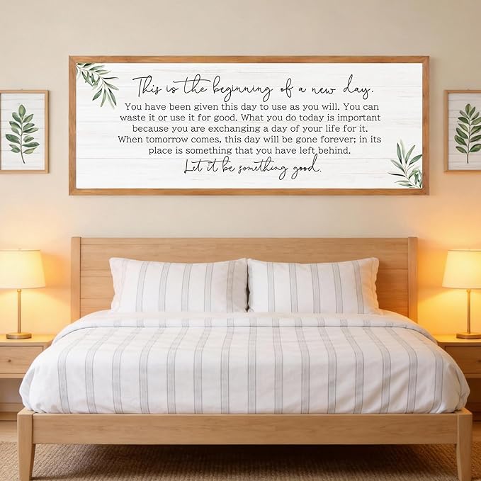 The Beginning of a New Day Wall Art – 40x15 Inch Wooden Framed Inspirational Sign with Motivational Message, Large Rustic Wood Frame Wall Decor for Living Room, Office, Entryway, Natural