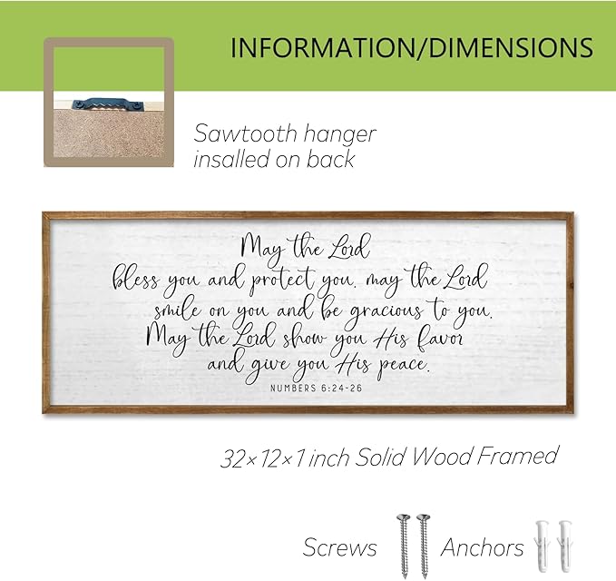 TQianJiang Numbers 6:24-26 Scripture Wall Art Decor 32"x12" May The Lord Bless You And Protect You Large Bible Verse Christian Hanging Decoration Sign (Wood)
