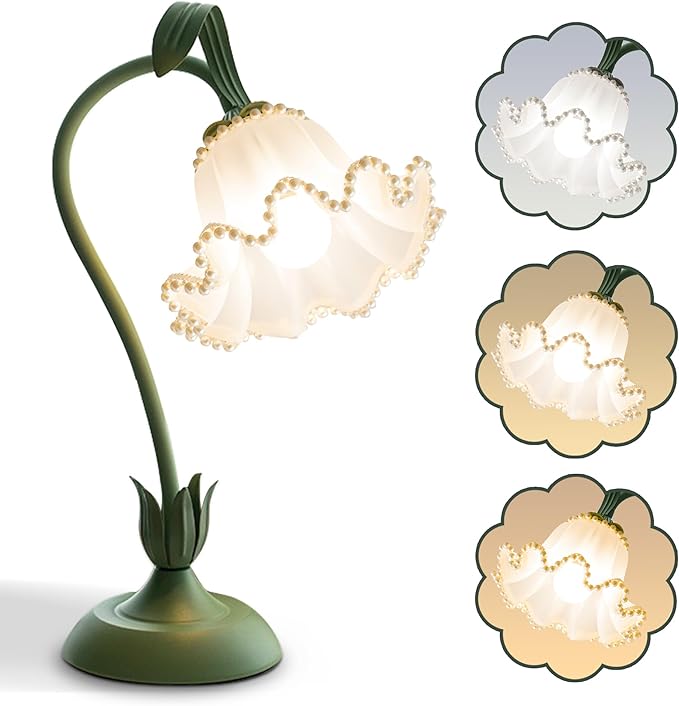 Flower Table Lamp,LED Reading Light Bedside Vintage Flower Night Light,3 Colors Modes Kawaii Bedside Lamps Decor,Living Room Bedroom Room Lighting Table Lamps Home Decoration (Green Pearls)
