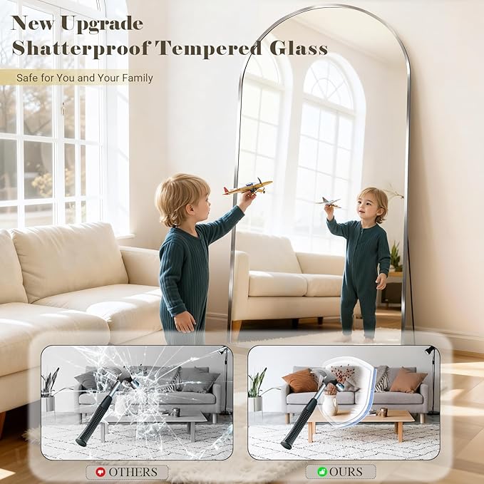 Oversized Full Body Mirror 30x71 inch Arched Full Length Mirror with Stand Aluminum Wall Mounted Hanging or Leaning Standing Mirrors,Silver
