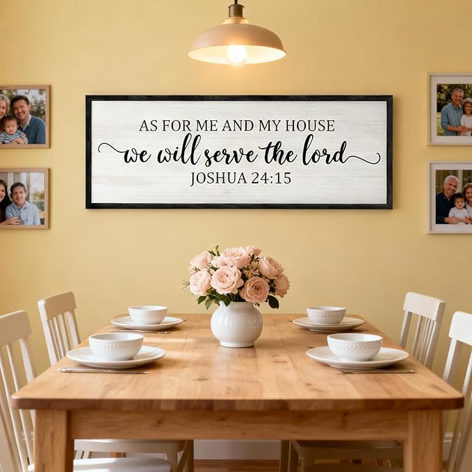 As For Me And My House We Will Serve The Lord Framed Wall Art, 40''×15'' Vintage Positive Religious Rustic Bible Verse for Christian God Jesus Christ Prayer, Horizontal Holy Catholic Scripture Decor