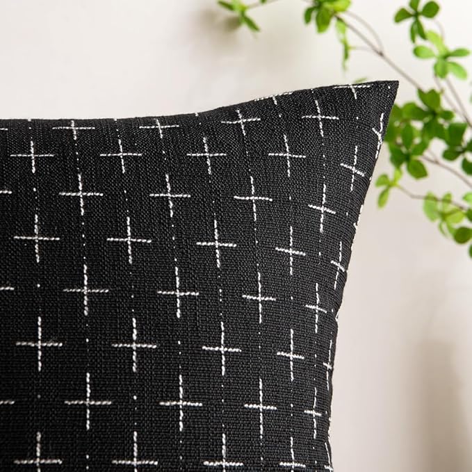 MIULEE Pack of 2 Decorative Burlap Linen Throw Pillow Covers Modern Farmhouse Vintage Pillowcase Rustic Woven Textured Cushion Cover for Sofa Couch Bed 22x22 Inch Black