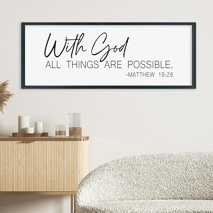LuZhiQiang Christian With God All Things Are Possible Wall Decor 40"×15" Religious Home Bible Verse Sign Inspirational Print for Living Room Large Wood Framed Catholic Wall Art Hanging (Black)