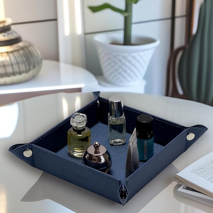 UnionBasic Small Valet Tray, Jewelry Tray for Rings Watches Earrings, Entryway Catchall Caddy for Coins Keys Change, Nightstand Bedside Valet Holder, Trays for Electronic Gadgets, Denim Blue