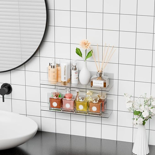 2 Pack Clear Acrylic Shelves for Wall with Adhesive,15 Inch No Drill Floating Shelves for Bathroom,Bedroom,Renter Friendly,Kids Room Bookshelf,Wall Display Shelf for Lego,Funko Pop,Figurine,Perfume