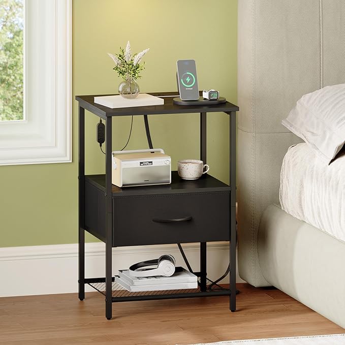Somdot Black Nightstand Set of 2 with Charging Station and LED Light for Bedroom, Bedside Table End Table for Dorm Guest Room Bedside Kids Laundry Closet Entryway Hallway, Black Rustic Brown