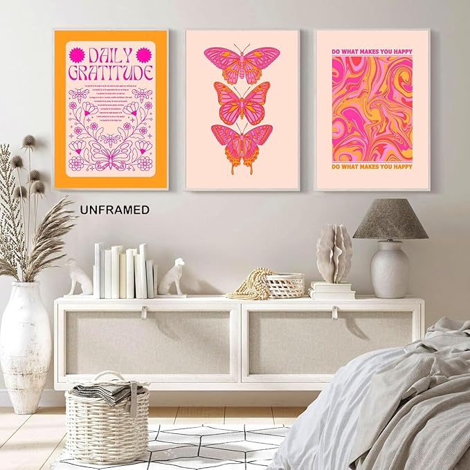Hwetui Butterfly Wall Art Poster Set of 3 - Pink Orange Preppy Wall Decor Pictures, Daily Gratitude Paintings Prints Aesthetic Home Decor for Girls Bedroom Dorm Apartment 12x16 inch Unframed