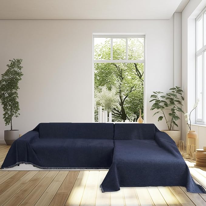 HANDONTIME Navy Blue Sofa Cover with Non-Knot Tassels, Soft & Durable Couch Slipcover for 3 Cushion Sofa, Couch Cover for Dogs Washable Pet-Friendly Sofa Protector,Chenille Sofa Covers, 71"x150"