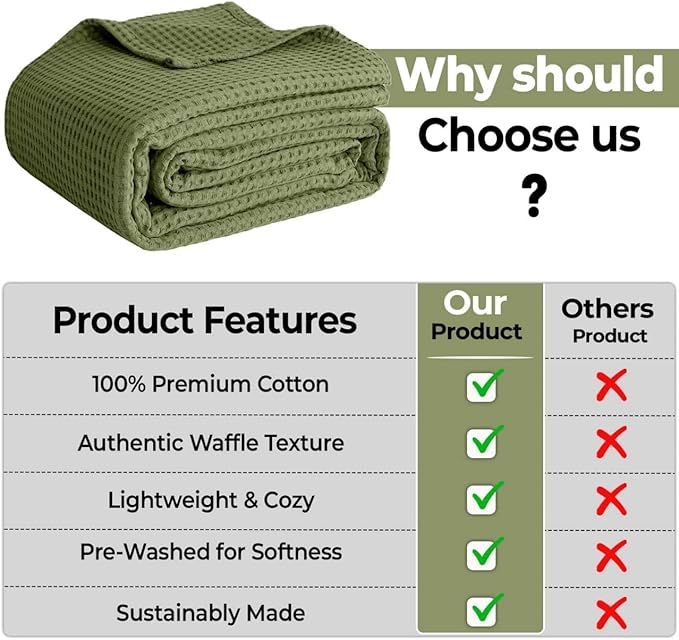 100% Cotton Blankets for Bed - Waffle Weave Blankets for Summer, Lightweight and Breathable Soft Woven Blanket for Spring (Olive Green, Queen (90" x 90"))