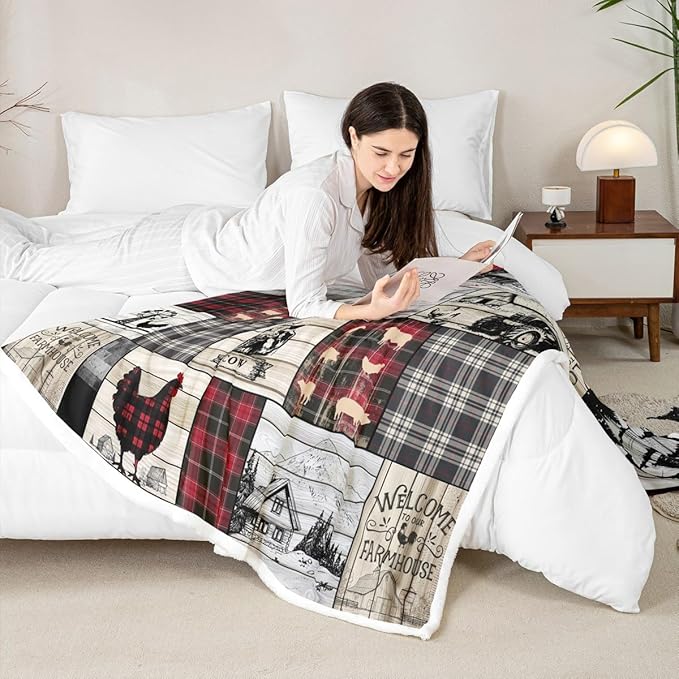Rustic Farm Animal Fleece Bed Blanket Throw 50"X60" Retro Buffalo Plaid Farmhouse Cabin Throw Blanket Country Sheep Chicken Cow Print Sherpa Blanket,Grid Windmill Flannel Blanket Red Black Grey