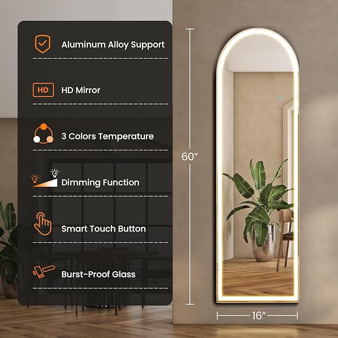 Sweetcrispy Arched Full Length Mirror with LED Lights, 61"x17" Lighted Floor Mirror with Dimming & 3 Color Lighting, Stand for Bedroom, Dressing Room
