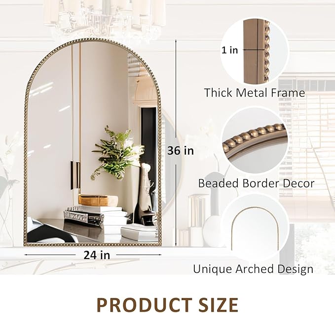 Arched Wall Mirror 24" x 36",Antique Gold Metal Beaded Frame, Decorative Accent Mirror for Bathroom, Living Room, Entryway & Bedroom