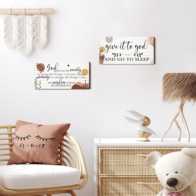 Chunful 2 Pcs Give It to God and Go to Sleep Sign Above Bed Wall Decor Serenity Prayer Sign Prayer Wall Art Rustic Farmhouse Vintage Bedroom Decor for Home(Boho Style)