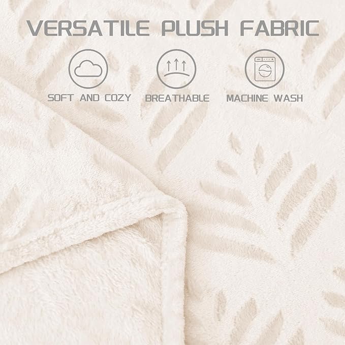 Exclusivo Mezcla King Size Fleece Blanket for Bed, Super Soft and Cozy Blankets All Season Use, Leaves Pattern, Plush Fuzzy Lightweight, Ivory, 90x104 Inch