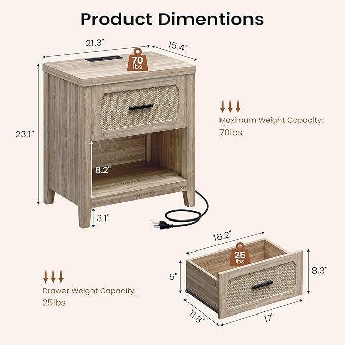 Rattan Nightstand with Charging Station, 22'' Wide Bedside Table with Drawer & Open Shelf, Boho Night Stand End Side Table with Storage for Bedroom, Grey Oak