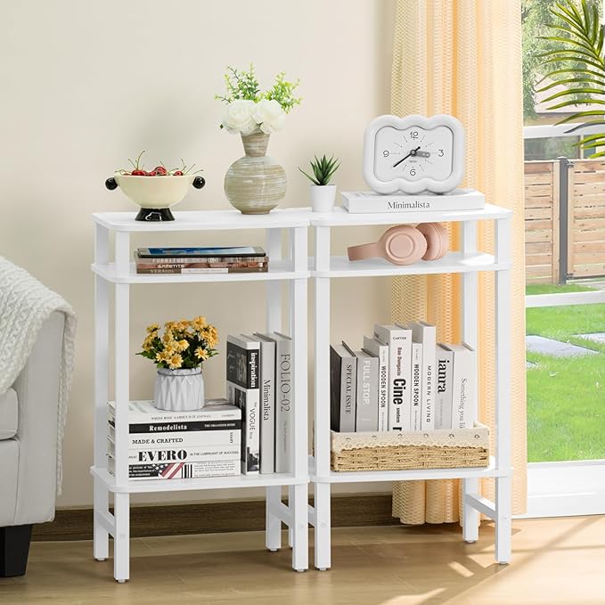Side Table End Table Tall Night Stand 3-Tier 2 Pack for Living Room Bedroom Bathroom Office Furniture White