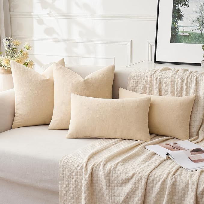 MIULEE Beige Couch Pillow Covers 12x20 Inch, Set of 2 Soft Chenille Decorative Lumbar Throw Pillow Covers Farmhouse for Sofa Living Room Bed