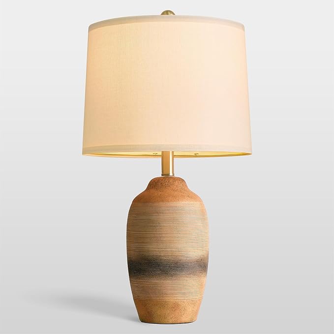 24.5" Handcrafted Ceramic Table Lamp with 5FT Cord, Single Farmhouse Vintage Rustic Bedside Lamp for Living Room Bedroom, Linen Shade Nightstand End Table Decor (Bulb Not Included)Earthy Yellow