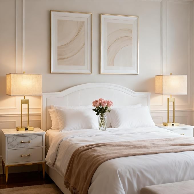 Extra Large 25.5" Nightstand Table Lamps for Bedrooms Set of 2, Bedside Lamp with USB C+A, Colors Changeable Living Room Lamp, Modern Night Stand Lamp for Bedside Guest Room Reading, Gold+White Shade
