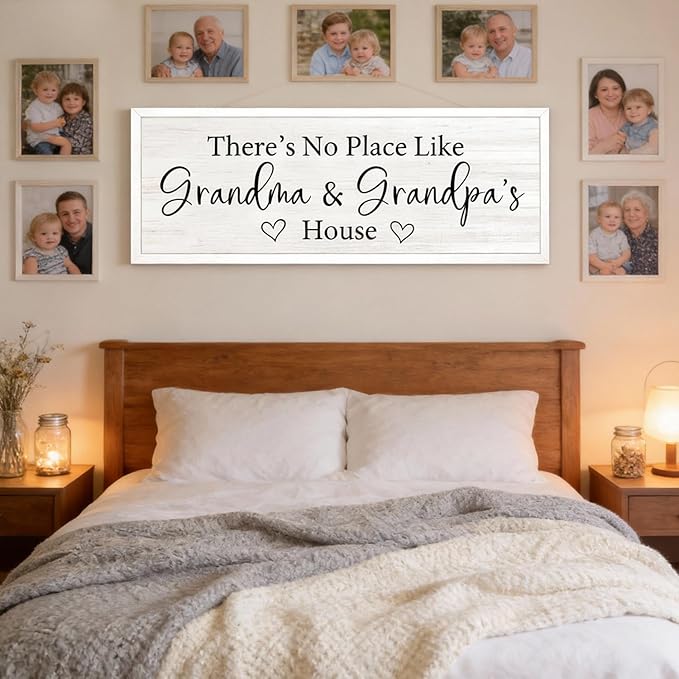 There’s No Place Like Grandma and Grandpa’s House Wall Decor: 32x12 Inch Framed Wooden Family Quote Sign, Rustic Farmhouse Wall Art for Grandparents’ Home, Living Room or Entryway, White