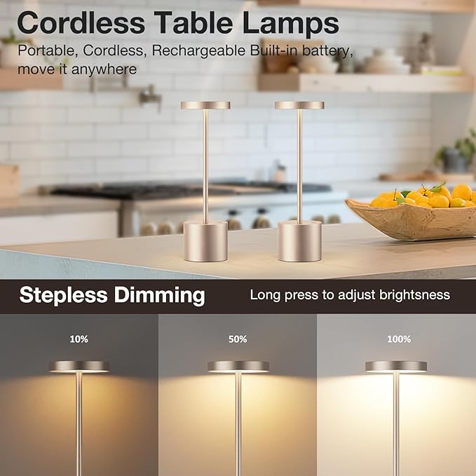 Kakanuo Cordless Table Lamp, 4000mAh Rechargeable Battery Powered Lamps, 3 Color Stepless Dimming, Wireless Outdoor Lamps for Dining Room, Bedroom, Patio, Camping, Set of 2- Antique White