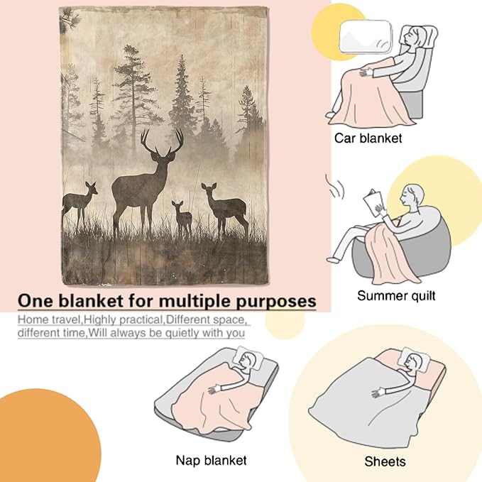Vintage Deer Blanket Nature Wildlife Art with Rustic Forest Silhouette Throw Blankets Lightweight Flannel Throws for Camping Couch Chair Bed Home Decor Gifts for Animal Lover,60x50inch