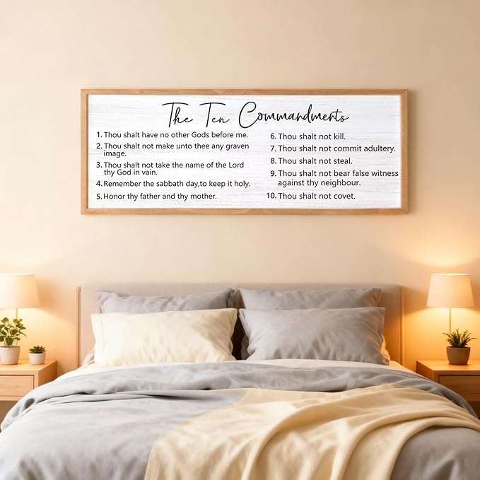 The Ten Commandments Wall Decor, 40x15 inch Rustic Bible Verse Wall Art, Christian Religious Scripture Print, Farmhouse Style Framed Wall Hanging Christian Gifts for Family Home, Natural