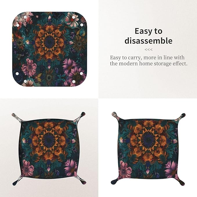 Mandala Flowers Tray Men's Leather Valet Parking Portable Entrance Trays Bedside Storage Box