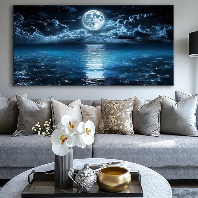 Big Moon Canvas Wall Art - Modern Seascape Paintings for Living Room, Bedroom Wall Decor, Framed Wall Art for Home or Office Decoration, Large Wall Art 48x24in
