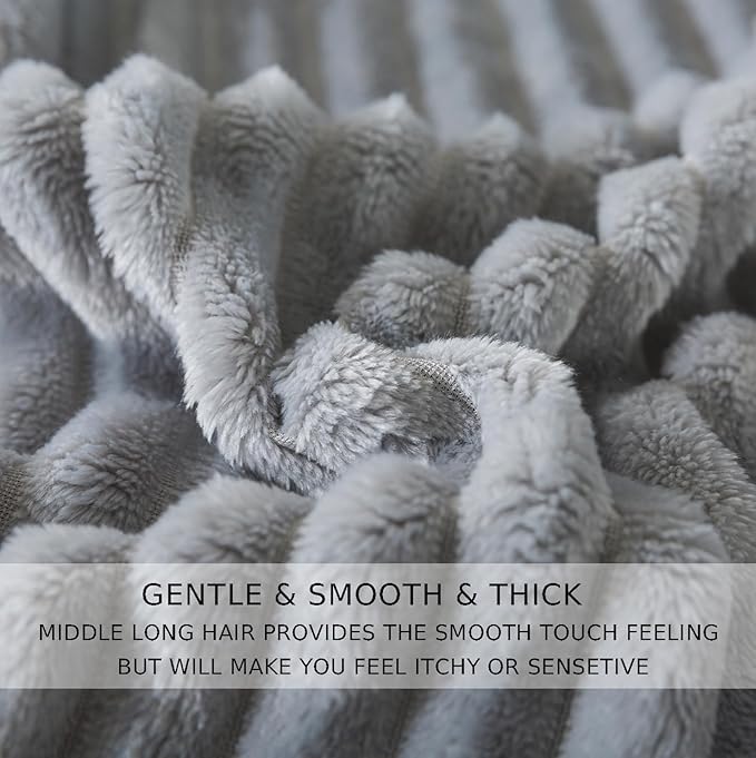 Cuddly Ash Grey Fleece Blanket, Warm and Soft with Striped Pattern for Twin XL Extra Long Bed, 66x90 Inches