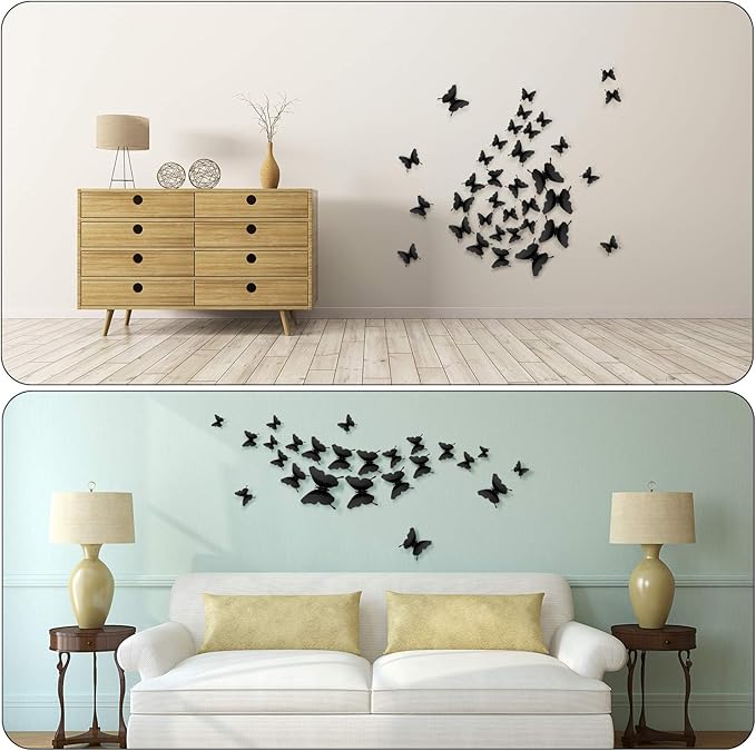 BBTO 48 Pieces Butterfly Wall Decor DIY 3D Mirror Butterfly Stickers Removable Decals Crafts for Birthday Party Bedroom School Bathroom Living Room Decor(Black)