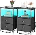 Nightstand with Charging Station, LED Night Stand Set 2, Bedside Table End Table Set of 2, Bedroom Table with 2 Fabric Drawers PU Finish, 3-Tier Storage Side Table for Bedroom,Black
