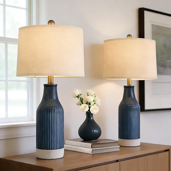 23.75inch Blue Modern Ceramic Bedside Lamp Set of 2 with 5FT Cord for Bedroom Decor Farmhouse Table Lamp for Living Room Office Dorm