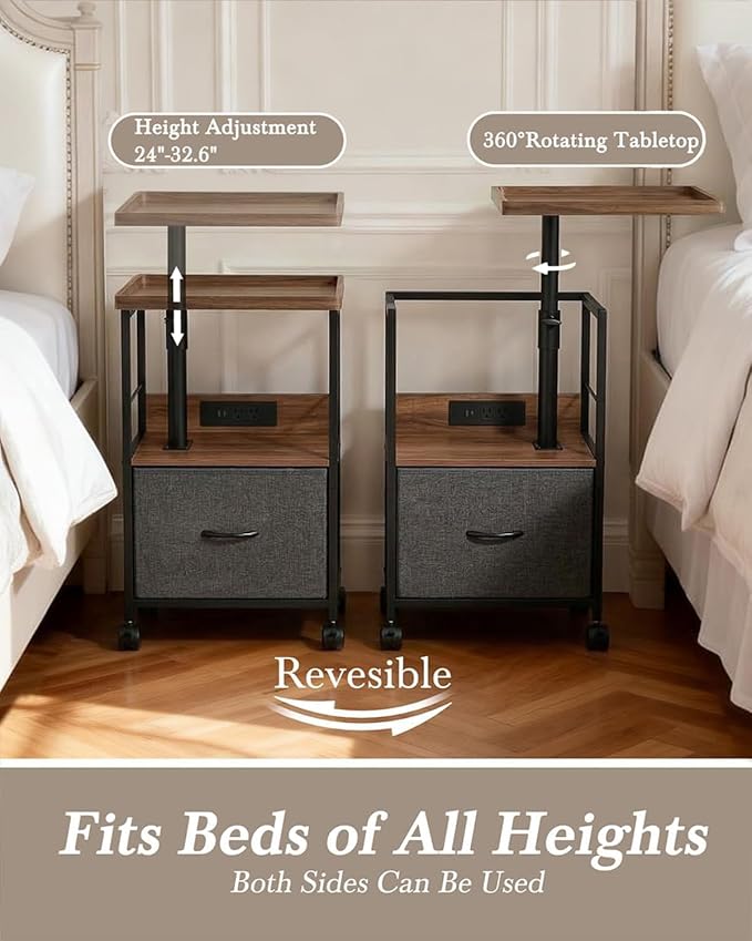 Swivel Lift Top Nightstand with Charging Station, Vacuum Forming Adjustable Bedside Table, Rolling Night Stand with Wheels, Small End Table with Fabric Drawer, for Bedroom, Living Room, Walnut Gray
