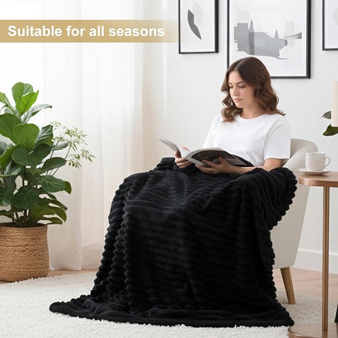 decorUhome Soft Fleece Black Blanket King Size for Bed, Cozy Fluffy Plush Flannel Large Striped Throws for Couch Sofa, Lightweight Decorative Fuzzy Blanket for Woman, 108x90 Inches