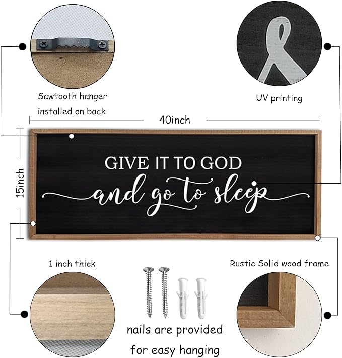 Give It To God And Go To Sleep Sign Wall Decor 40"X15" Master Bedroom Above Bed Large Farmhouse Wall Decor Wood Rustic Framed Over Bed Wall Art Hanging Decoration(Wood Black)
