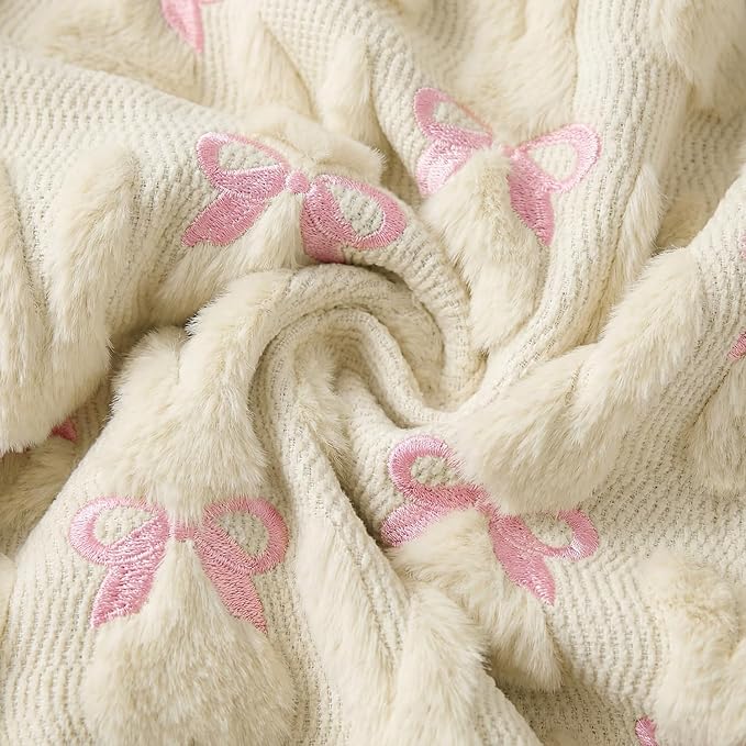 Horaldaily Easter Solid Blanket Throw, Beige Rabbits Bow Soft Fuzzy Plush Faux Fur Cozy Blankets for Couch Sofa Bed Lounging, Ideal Gifts for Kids Adults Wife Self, 60x80