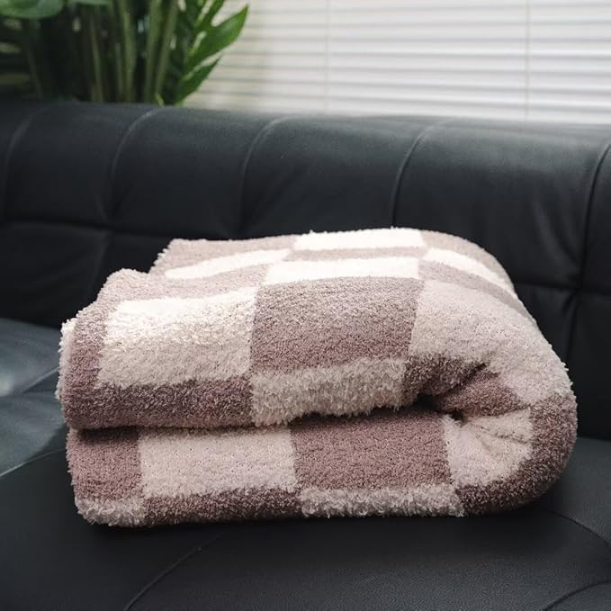 Soft Checkered Throw Blanket, Ultra Cozy Knit Throw Blanket Fluffy Fuzzy Reversible Checkerboard Blanket for Travel Couch Sofa Bed Decor, 51x63 inches, Khaki Cream