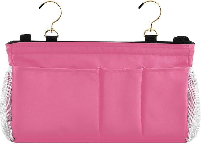 DOMIKING Neon Pink Bedside Caddy for Dorm Bed Recliner Armrest Organizer with Hooks Haning Storage Bag for Couch Recliner Remote Control