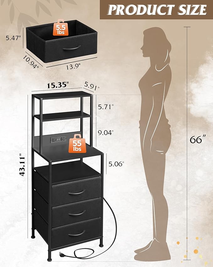 WLIVE Tall Nightstand with Charging Station, LED Night Stand with 3 Fabric Drawers and Storage Open Shelves, Bedroom Nightstand table, Bed Side Table for Living Room, Black