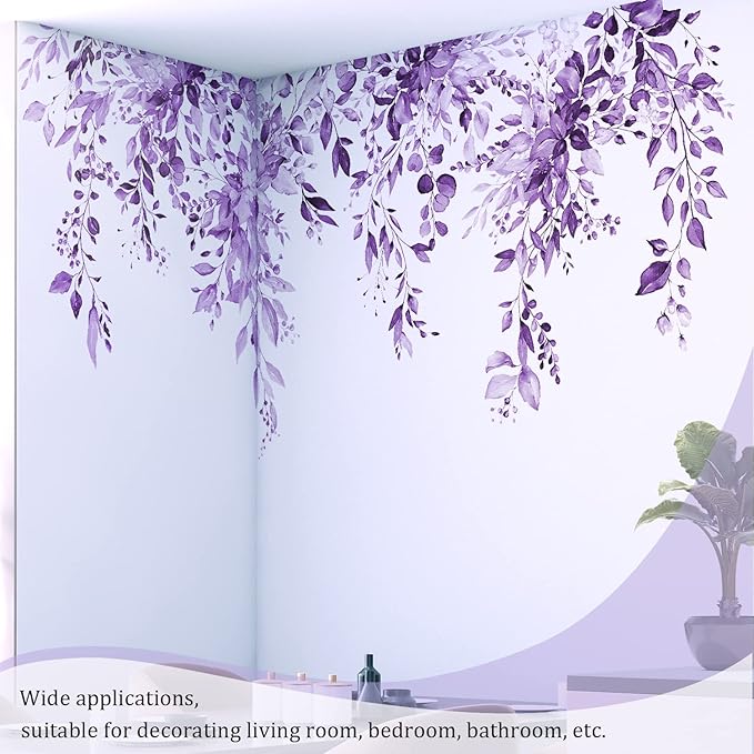 Purple Plants Leaves Wall Decals Peel and Stick, Large Floral Flowers Wall Stickers, Removable Vine Home Decor Art for Bedroom Living Room Classroom Office