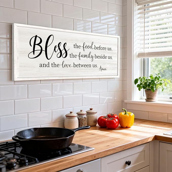 Bless the Food Before Us, the Family Beside Us, and the Love between us Framed Wall Art for Dining Room, 40''×15'' Holy Positive Religious Rustic Bible Verse for Christian God Jesus Christ Prayer