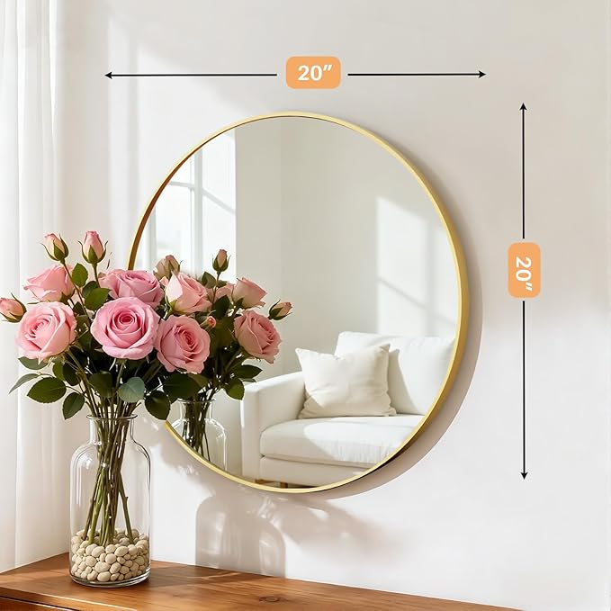 Bathroom Mirror for Wall, 20 Inch Round Mirror, Matte Gold Metal Framed Circle Vanity Mirror for Bathroom Bedroom Living Room Entryway, Anti-Rust, Tempered Glass, Hanging or Leaning