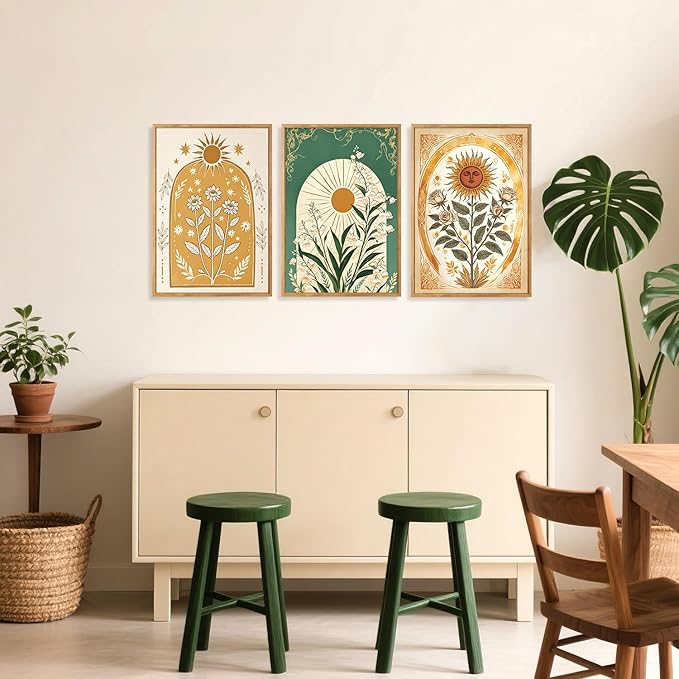 CHDITB Modern Bohemian Celestial Wall Art Set Of 3, Boho Sun Floral Tarot Wall Decor, Nature Mystery India Painting, Minimalist Green Lily Flower Art Prints For Dining Room Bedroom Decor 12”x16”
