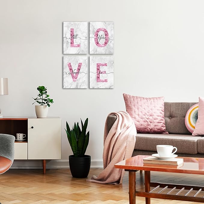 sechars Glam Pink Canvas Wall Art All You Need is Love Sign Decor Fashion Glitter Marble Love Quotes for Girl Women Bedroom Bathroom Valentine's Day Gifts (White)