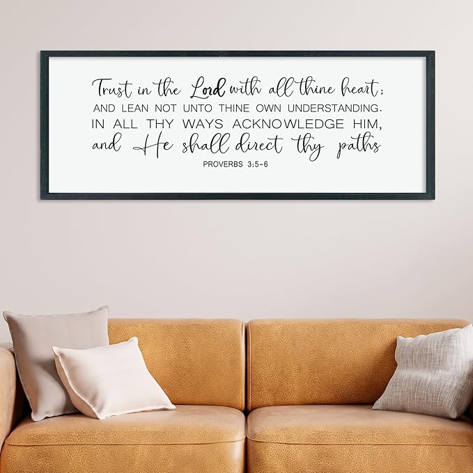 LuZhiQiang Christian Wall Art Proverbs 3:5-6 Bible Verse Trust in The Lord Sign 40"×15" Inspirational Religious Decor for Living Room Bedroom Scripture Large Wooden Framed Wall Hanging (Black)