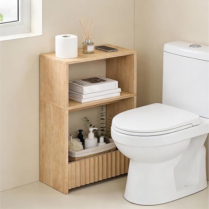 Small Narrow Side Table with Open Storage Shelves, 3-Tier Skinny End Table for Small Space, Slim Nightstand, Skinny Couch Side Table for Living Room, Bedroom, Entryway, Natural ETNA75101