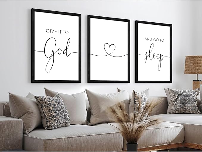 Give It to God and Go to Sleep Sign Canvas Wall Art Above Bed Wall Decor for Bedroom Bible Verse Prints Farmhouse Bedroom Pictures Artwork for over the Bed 16x24 Inch Framed Set of 3