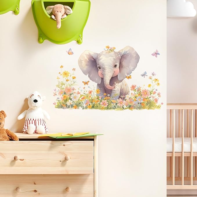 Baby Elephant Floral Wall Decals Removable African Animal Vinyl Stickers for Nursery Kids Bedroom and Playroom Decor Peel and Stick Watercolor Wall Art