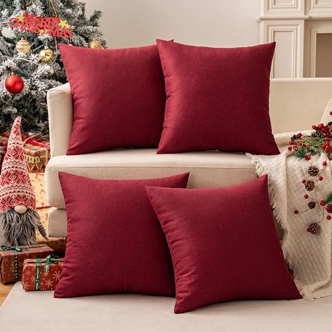 MIULEE Pack of 2 Decorative Outdoor Solid Waterproof Throw Pillow Covers Faux Linen Garden Farmhouse Cushion Cases for Patio Tent Balcony Couch Sofa 20x20 Inch Wine Red